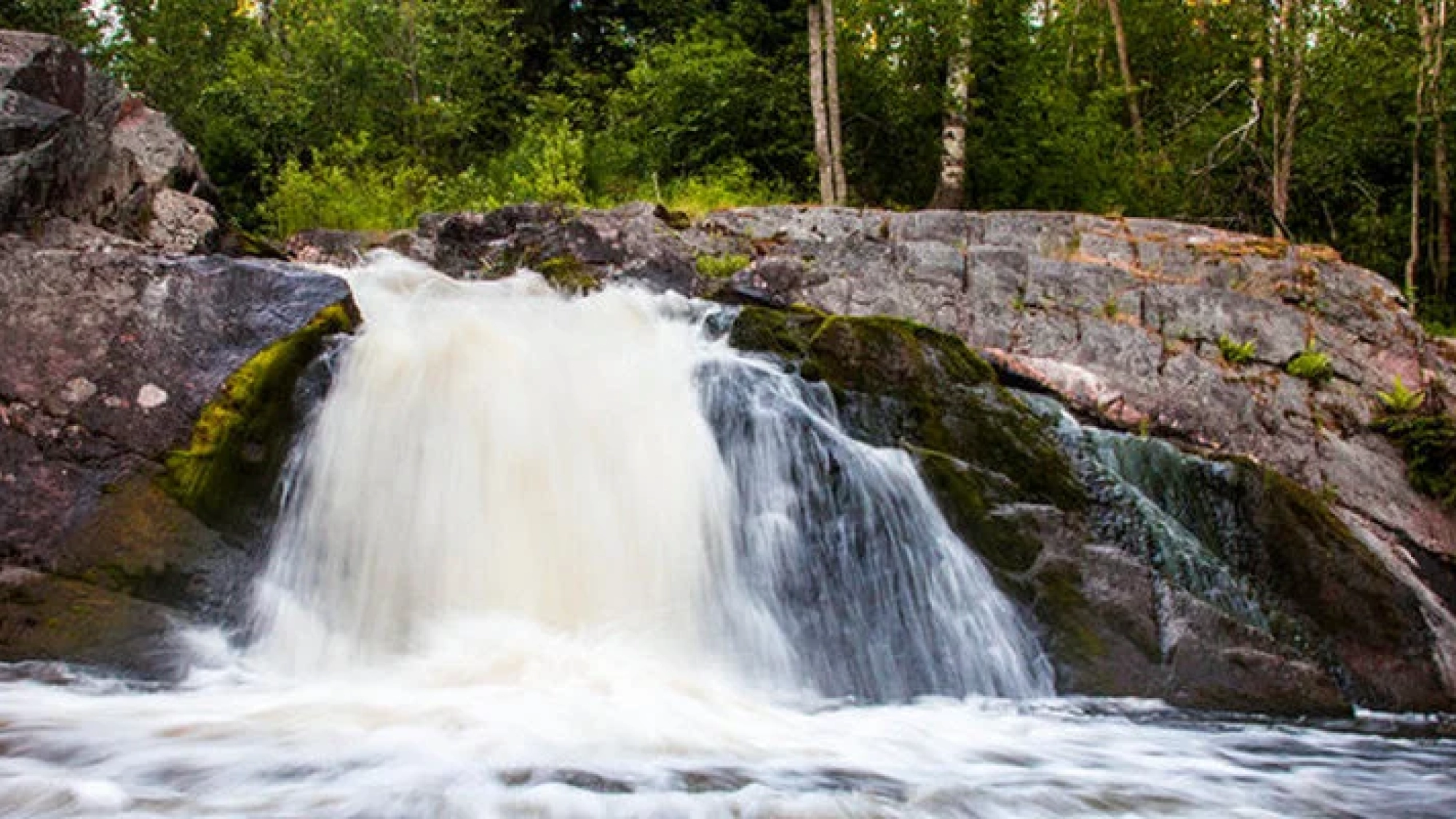 Мельничный водопад Койриноя с остатками старой финской ГЭС среди летней зелени