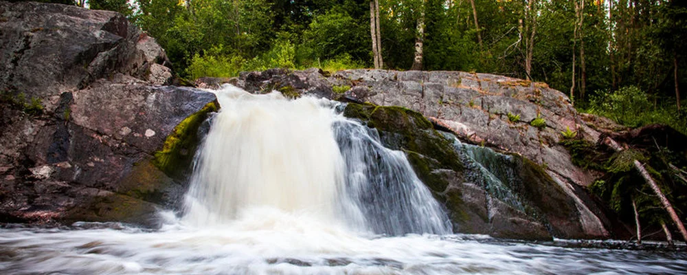 Мельничный водопад Койриноя с остатками старой финской ГЭС среди летней зелени